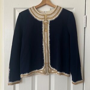 Rare St John vintage knit long sleeve navy gold evening sequin top Medium